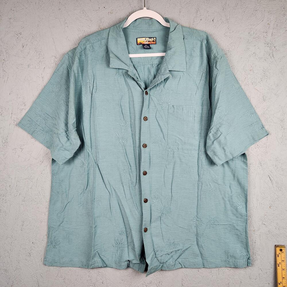 Havana Jacks Cafe Shirt Mens 3XL Green 100% Silk Hawaiian Camp Palm Jacquard